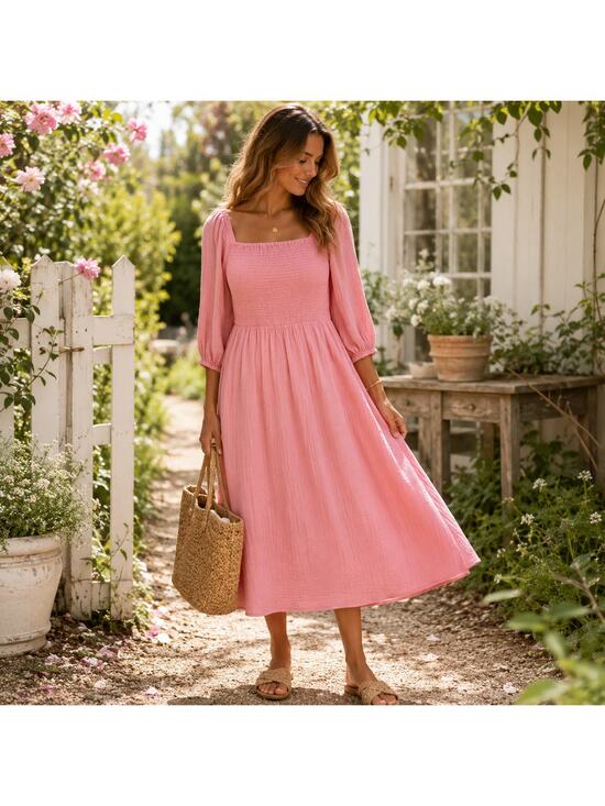 beachlunchlounge Dresses & Skirts - BeachLunchLounge Pink Gauze Smocked Midi Dress M Cottagecore